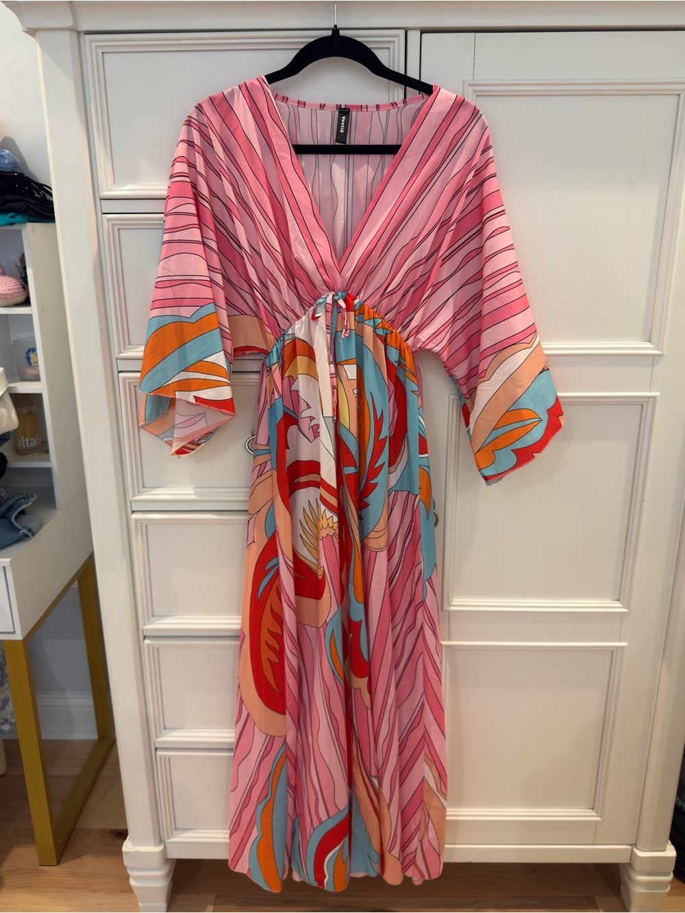 Venti6 Pink Abstract Print Maxi Dress | Kimono Sleeve Vacation Resort Dress